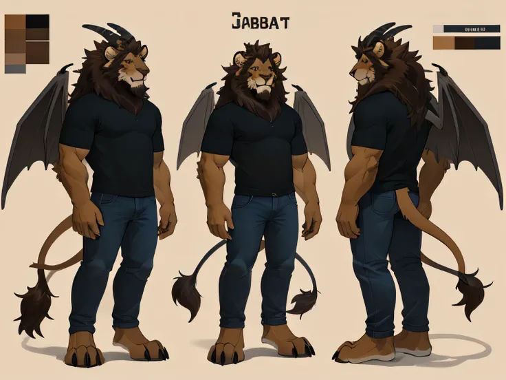 papa, a "lion", full body, yellow eyes , , smuggle, jeans and black shirt. anthropomorphic, furry character, "wings" ,character ...