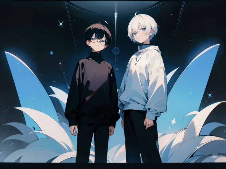 Two boys A and B。AWhite hair，short hair，clear sky blue eyes，Wearing black thin square frame glasses，Wearing a plain white sweatshirt，Calm eyes，standing behind。B is a head taller than A，Black hair，short hair，Deep black eyes，Wearing a pure black sweatshirt，D...