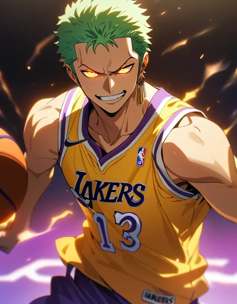 1boy, male focus, roronoa zoro (one piece), lakers jersey, yellow jersey, medium shot, glowing, glowing eyes, jersey, basketball player, solo, smile,green hair, , (masterpiece), best quality, very aesthetic, perfect face