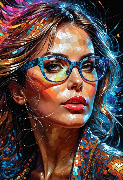 “A mosaic face collage of women wearing glasses, in the style of Andrew Atroshenko, Peter Gric, in neon colors official art, best quality, highly detailed, dynamic, shiny, metallic, energy waves, explosions, lights.”