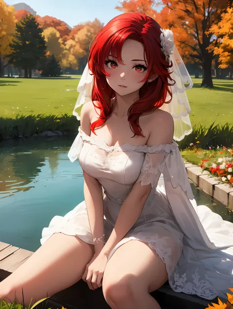 1girl, lisara restall, ((red hair:1.5)),
BREAK (white off-shoulder wedding dress:1.2), BREAK front view, thighs, thigh focus, outdoors, lake, grass, sitting on ground, sitting, nature, autumn, fall(season), by the lake, feet in lake, sexy, pond,
BREAK ((an...