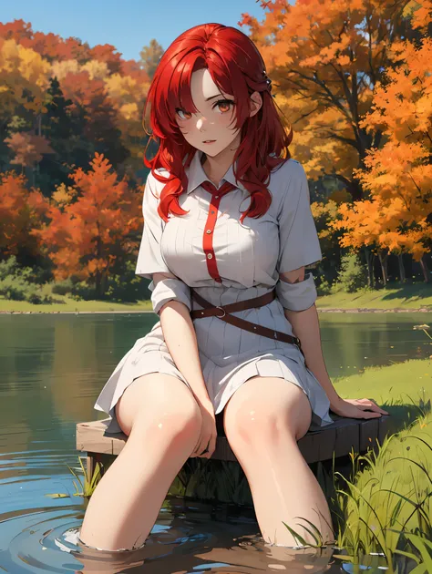 1girl, lisara restall, ((red hair:1.5)),
BREAK (two-tone dress, red belt, lycoris uniform:1.2), BREAK front view, thighs, thigh focus, outdoors, lake, grass, sitting on ground, sitting, nature, autumn, fall(season), by the lake, feet in lake, sexy, pond,
B...