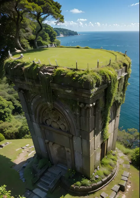 (masterpiece、highest quality:1.2)、8k、You can see the ocean、Ancient ruins built on the edge of a cliff、It is covered with moss and ivy.