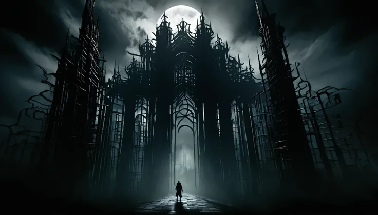 A labyrinth of towering structures looms ominously in the dark, their silhouettes merging with sinister shadows, evoking an unsettling sense of dread.