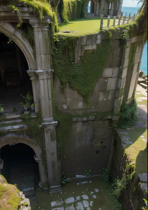 (masterpiece、highest quality:1.2)、8k、You can see the ocean、Ancient ruins built on the edge of a cliff、Crumbling ruins of unknown age、It is covered with moss and ivy.