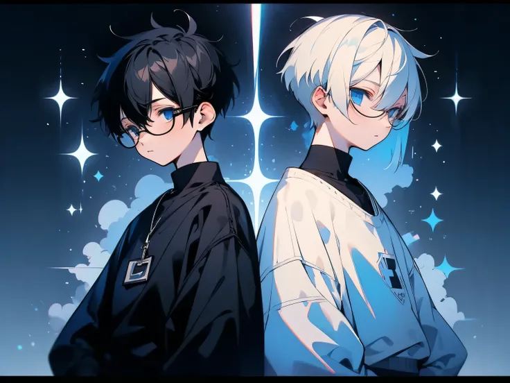 A photo of the upper body，Two boys A and B。AWhite hair，short hair，clear sky blue eyes，Wearing black thin square frame glasses，Wearing a plain white sweatshirt，Calm eyes，standing behind。B is a head taller than A，Black hair，short hair，Deep black eyes，Wearing...