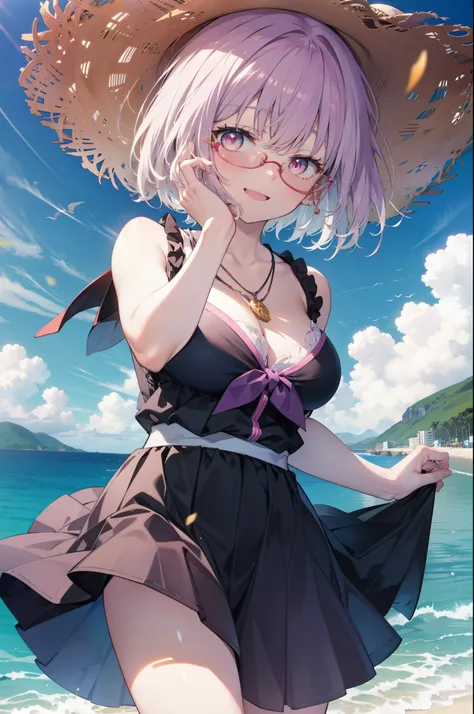 akaneshinjou, shinjou akane, Light purple hair, (Pink Eyes:1.2), short hair,Akagi glasses,happy smile, smile, Open your mouth,Sleeveless dress,Long skirt,Heart Pendant,barefoot,Straw hat,Daytime,True Summer,So that the whole body goes into the illustration...