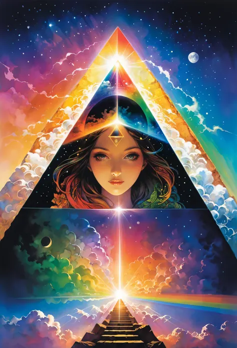 close-up, album cover, mysterious silhouette woman, (light ray shining on pyramid prism splitting in rainbow colours, dark side ...