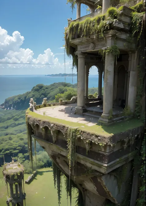 (masterpiece、highest quality:1.2)、8k、You can see the ocean、Ancient ruins built on the edge of a cliff、Ruins of an unknown civilization floating in the sky、Crumbling ruins of unknown age、Giant Vine、It is covered with moss and ivy.