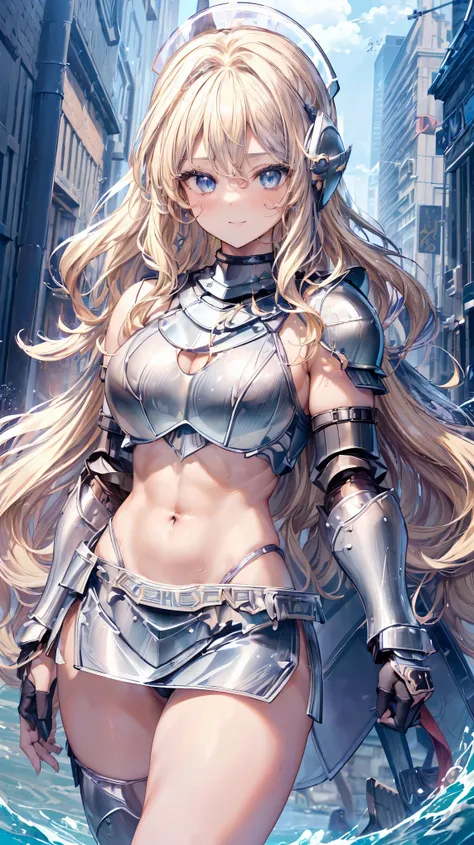 (Adult women:1.5)、Very detailed、highest quality、Best image quality、masterpiece、8k、Anime Face、A kind smile、Open your mouth、Sparkling blue eyes、(Blonde Wavy Hair:1.5)、、Muscles of the whole body、camisole、Thigh belt、mini skirt、(Wearing platinum bikini armor:1....