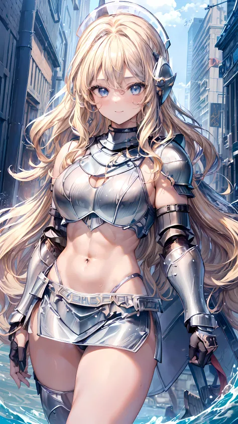 (Adult women:1.5)、Very detailed、highest quality、Best image quality、masterpiece、8k、Anime Face、A kind smile、Open your mouth、Sparkling blue eyes、(Blonde Wavy Hair:1.5)、、Muscles of the whole body、camisole、Thigh belt、mini skirt、(Wearing platinum bikini armor:1....