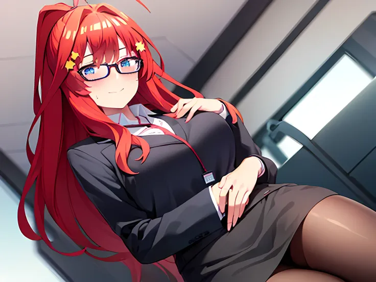 , , mksks style, detailed background, 1 girl, alone, Itsuki Nakano, aged, mature female, star hair ornament, long hair, red hair, Choke, bangs, hair amazing eyes, ponytail, blue eyes, big breasts , Office girl, red glasses, bottom, black suit jacket, colla...