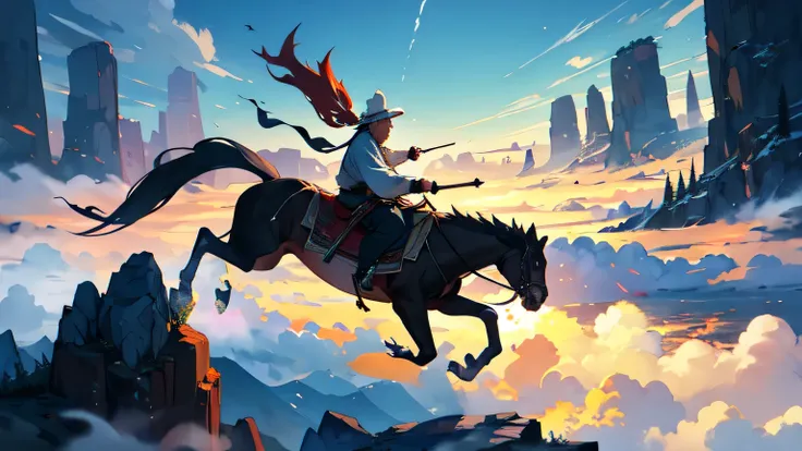 Chinese hermit riding on a cloud, an old man, close-up, detailed Oriental costume, dynamic pose, dutch angle, pointed rocky mountains, unexplored land, fog, ink painting style