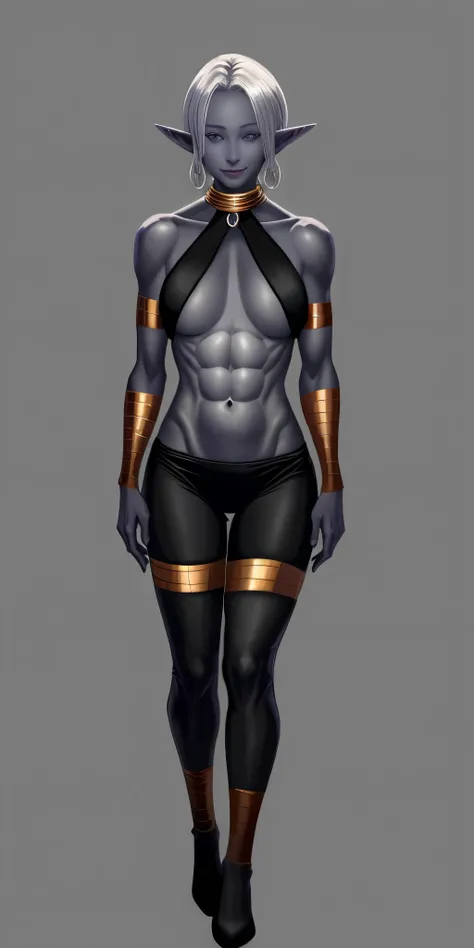 ((1girl)) full body, standing, grey skin, drow, elf, mature, detailed happy face, purple eyes, white hair, black bikini, abs, big knockers, golden chain collar, stomach tattoo (red tattoo)