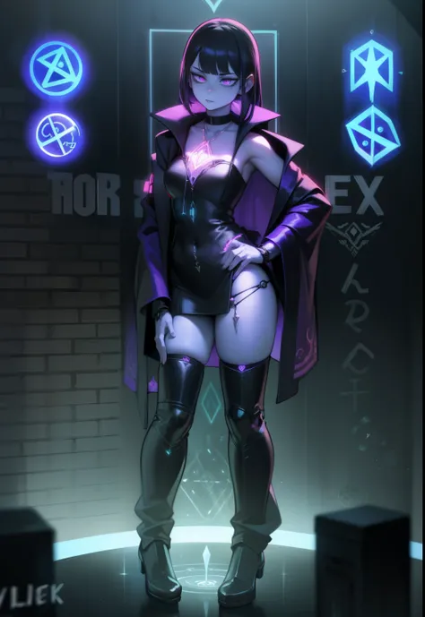 depicts a modern-day witch who has embraced the world of cybernetics to enhance her magical abilities. The artwork should convey the enchanting blend of traditional witchcraft and futuristic technology. Here are some specific elements to include: The Witch...