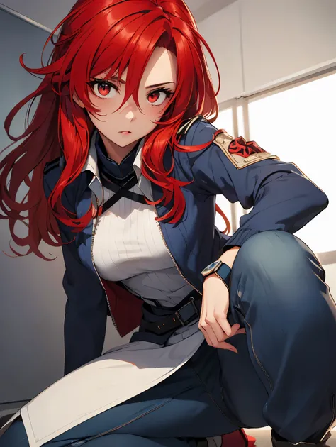 1girl, lisara restall, ((red hair:1.5)),
BREAK (Blue_uniform,Blue_jacket,long_sleeves,Blue_Long_pants,armor, armored_dress:1.2), BREAK bunny pose,holding breasts, naughty face, squatting, legs apart,
BREAK ((anime girl)), best quality, expressive eyes, per...