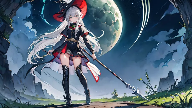 ((Sickle)),Green Eyes Top Quality Super Detailed,unity 8k wallpaper,witch,Sickle,Dark fantasy,((watercolor)),whole body,Moonlit Garden,((Glowing Eyes)),beautiful girl,Silver Hair,Wide Shot,Braided boots,Glancing sideways,witch hat