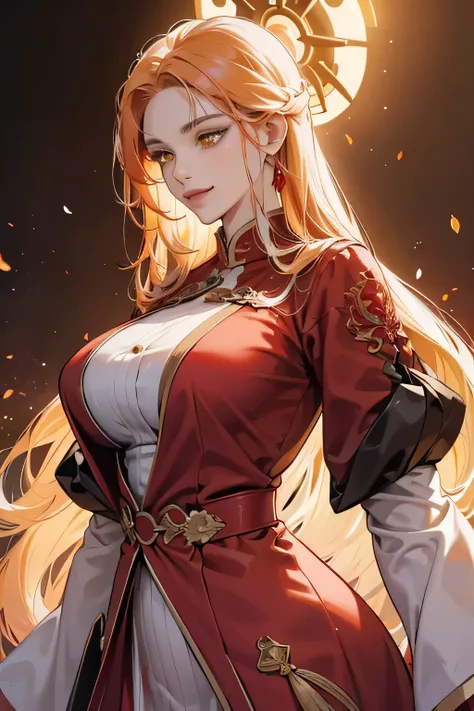 (absurd, high resolution), (panorama), a woman, mature, beautiful, tall,, exquisite, yellow eyes, pale red hair, wearing noble clothes, erotic clothes, red clothes, serene expression, solo character, smile, magical, use magic, sexy, elegant