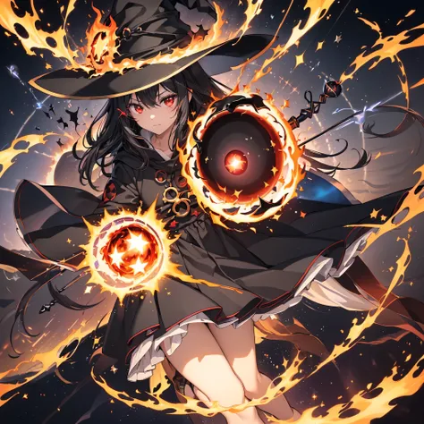 ((black hair　magic circle　witch hat　red eyes))　((explosion　explosion　wand of flame　starのペンダント　fire　beam))　(magic robe　shine　star...