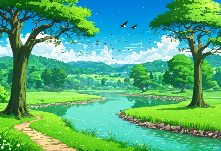 Green landscape with river, trees and birds, Detailed Landscape — Width 672, watermark:-1, Anime countryside landscape, Landscape Background, Landscape illustration, Highly detailed background, Landscape Background, in a Landscape Background, natural Lands...