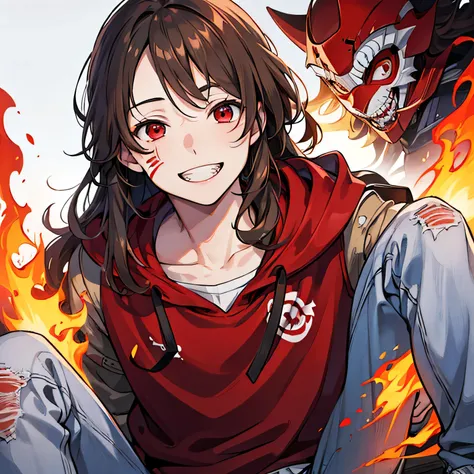 (high quality,anime),(realistic:1.37),ultra-detailed,portrait of a boy,curly,long brown hair,red eyes,facial mask,white mask with teeth,smiling face,red sweatshirt,hood,jeans,torn jeans