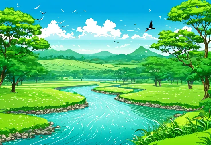 Green landscape with river, trees and birds, Vector art:Ayako Rokkaku, Trending on Shutterstock, Conceptual Art, Detailed Landscape — Width 672, watermark:-1, Anime countryside landscape, Landscape Background, Highly detailed background, Landscape illustra...