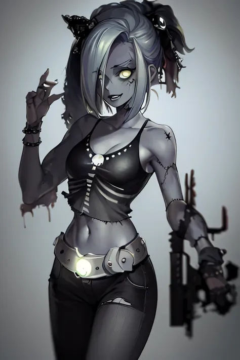 ((masterpiece,best quality)), absurdres, nara_afk, solo, 1girl, zombie, grey skin, torn clothes, skull, glowing, midriff, belt, ...