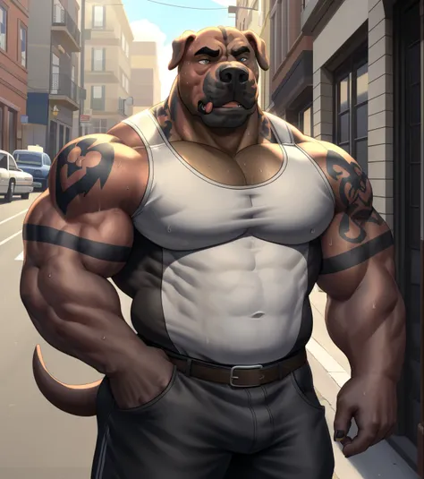 solo, anthro (neapolitan mastiff, cane corso), full ears, brown and gray skin, detailed eyes,street: 1.6, sweat, heavy breathing...