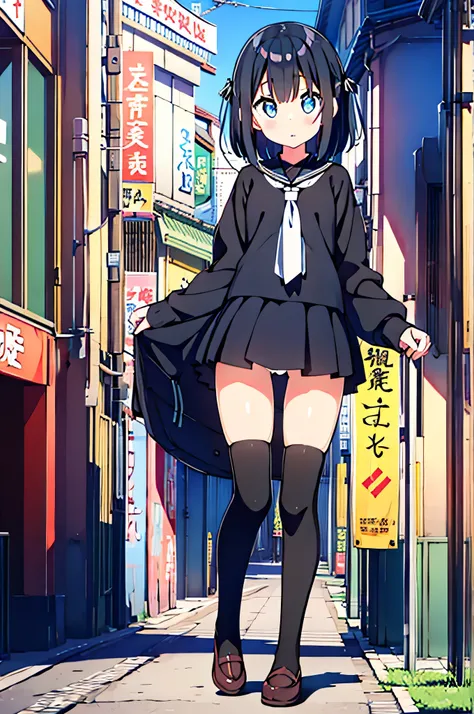 eautiful gorgeous girl black uniform with mini skirt white stockings with blue black hair blue eyes in japanese street akihabara swastika