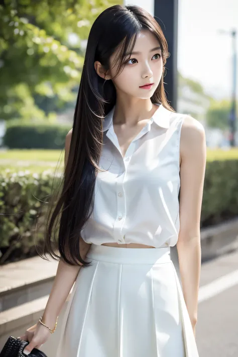 Skinny Japanese lady, 25 years old, masterpiece, Flat color, Depth of Field, lens flare, 1 girl,Very thin waist, Wearing a white blouse, White vest, Brown skirt, Delicate face, Delicate eyes，Sleek, thick long hair，Black and shiny，The shining luster flows i...