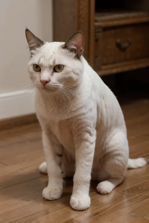 gato blanco con manchas negras investigando
