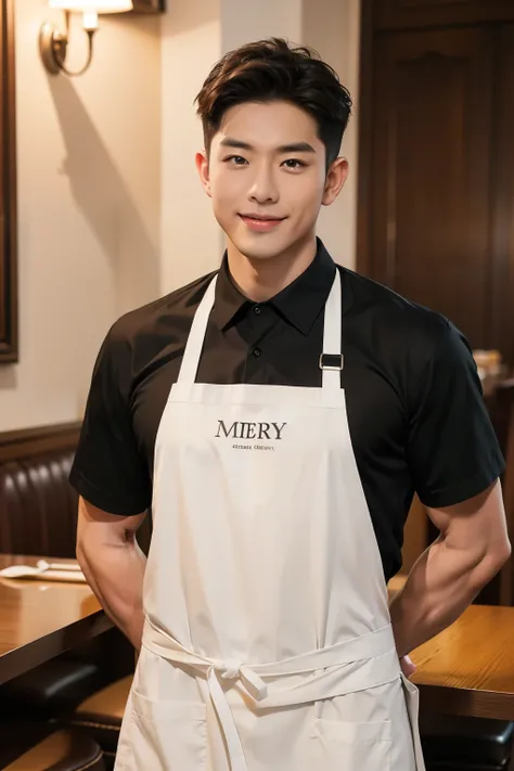 ((Men only)), (cowboy shot), (apron on bare skin), (showing his abs), (handsome muscular male waiter in his 30s), (in the restaurant), (Mischievous smile), (detaile: 1 in 1), Natural muscles, HIG quality, beautidful eyes, (Detailed face and eyes), (Face、: ...