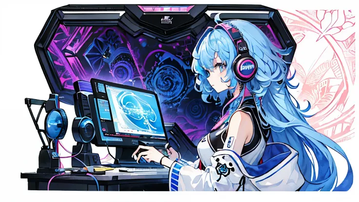 (masterpiece、highest quality、highest quality、Watercolor(Afro)、Official Art、Beautiful and aesthetic:1.2)、(One Girl:1.3)、(Fractal Art:1.3)、Upper body、From the side、cyber punk、Cyberspace、headphone、(Blue colored hair、Colorful Hair、Half Blue、Half pink hair:1.2)...