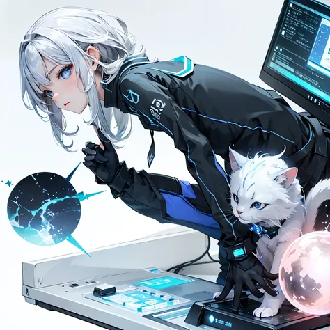 computerを持ったリボンをつけた猫、Silver Hair、iceのエフェクト、ice、water、Cool face、computer