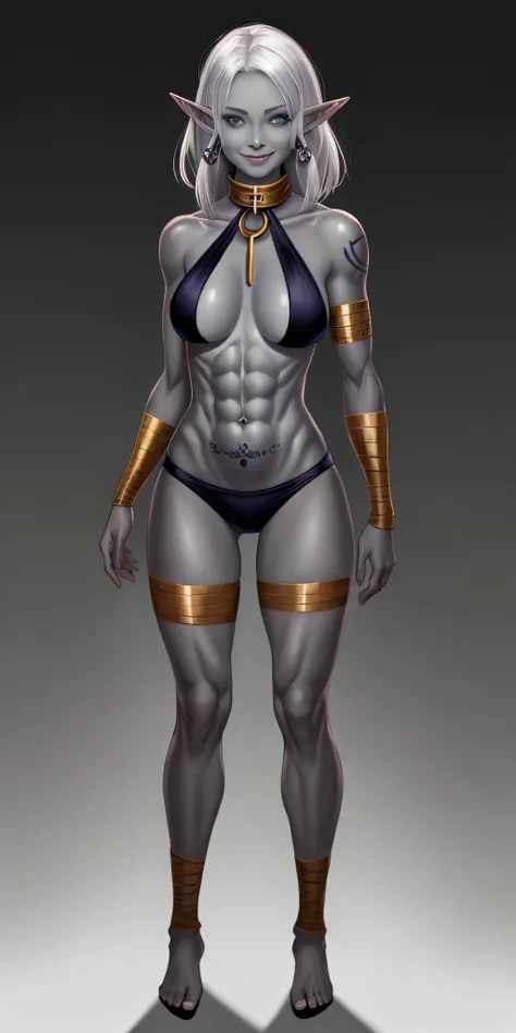 ((1girl)) full body, standing, grey skin, drow, elf, mature, detailed happy face, purple eyes, white hair, black bikini, abs, big knockers, golden chain collar, stomach tattoo (red tattoo)