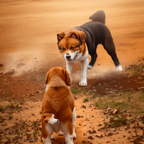 there are Two dogs that are playing together in the dirt, They fought fiercely., Two dogs, Red pupil, They look at each other, duel, Mexican standoff, , Fighting stance, Threatening Posture, , standing with distance, very powerful，Fighting Stance，The dog&#...