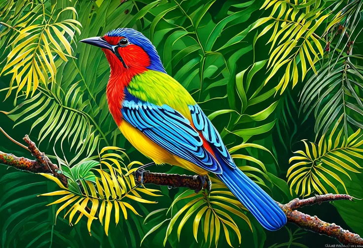 A colorful bird perched on a leafy branch, Realistic Paintings by Charles Bird King, CG society hot topic, Digital Art, Long colorful bird, a Surreal Bird, Surreal Bird, Multicolored birds, Beautiful details and colors, Beautifully drawn, ✏️🎨, Beautiful Na...