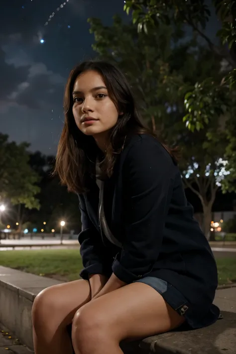 Ana is finely looking at the stars sitting in a park
