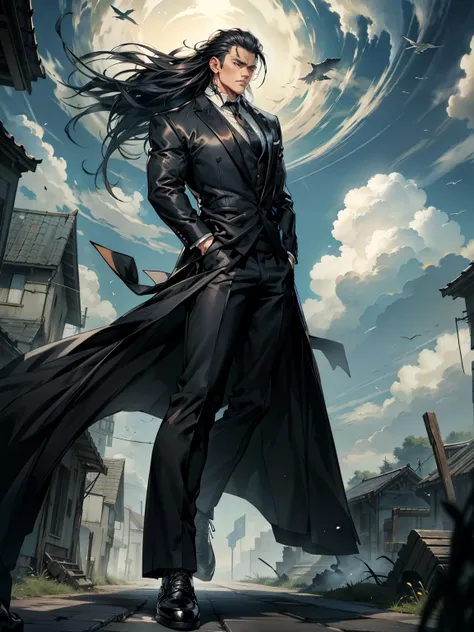 boys 26 Years old, Serious face, muscular, wearing long black suits, ((white shirt and black tie)), black boot cut trousers, black oxfords shoes, levitates on sky, both hands behind his back, sky, cloud 