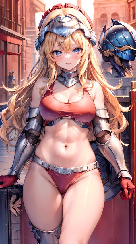 Very detailed、highest quality、Best image quality、masterpiece、8k、Anime Face、A kind smile、Open your mouth、Sparkling blue eyes、(Blonde wavy hair:1.5)、、Muscles of the whole body、camisole、Thigh belt、mini skirt、(Wearing red bikini armor:1.5)、(Cowboy Shot:1.5)、(L...