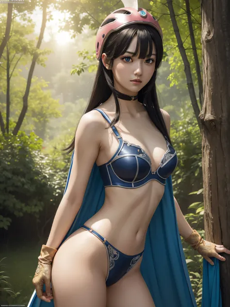 dragonballchichi, chi chi, (black eyes:1.5), black hair, long hair, hime cut, blunt bangs, sidelocks,
BREAK armor, bikini armor, cape, collarbone, gloves, helmet, navel, pauldrons, shoulder armor, cleavage,
BREAK outdoors, nature, forest, cloud, sky, sun,
...