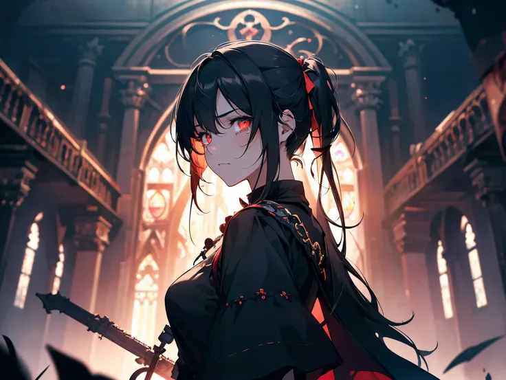 1 girl ,(big Stigmata) , ruined church, bloody rosary , (floating hair, floating skirt), ((blood sea)),from side, character focus, ((black light)),((dark lighting)), cinematic lighting ,(darkness), (concept art), ((rape face)) ,black long straight hair, bl...