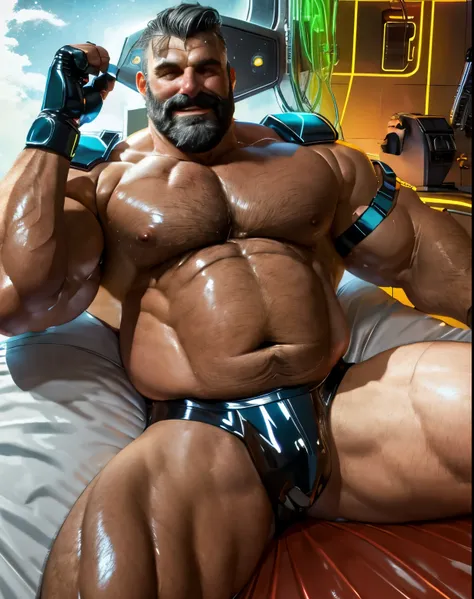 full body portrait, strong burly hairy mature older man(space captain), wearing futuristic captains uniform insignia (neon and black) (open and revealing) (latex) , gray hair, broad shoulders, round belly, bulging micro thong, scifi spaceship captain unifo...