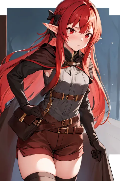 masterpiece, best quality, height resolution, 1girl in, elf, pointy ear, red hair, long hair, side locks, hair bow, small breast...