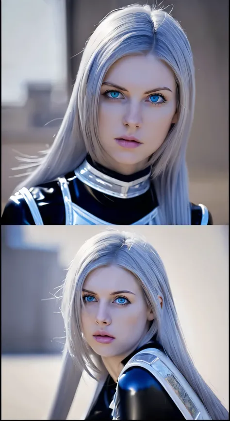 A dynamic series of paintings depicting a silver-haired, blue-eyed warrior girl., 8k, 超High resolution, Super detailed, High resolution,(Well designed face), Great face, (Very detailed), Beautiful Eyes, Soft lighting,, Outdoor, street,, URUSHISATO,1980s,, ...