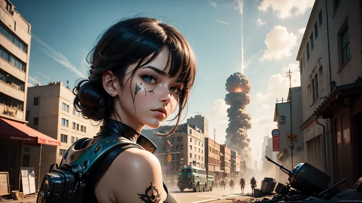 there is futuristic sifi street with broken houses and burned destroyed tank, on the sreet stand a female in futuristic sky blue...