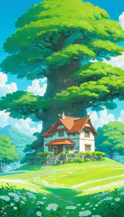 A small house near a giant tree In a beautiful landscape of green grass and white flowers