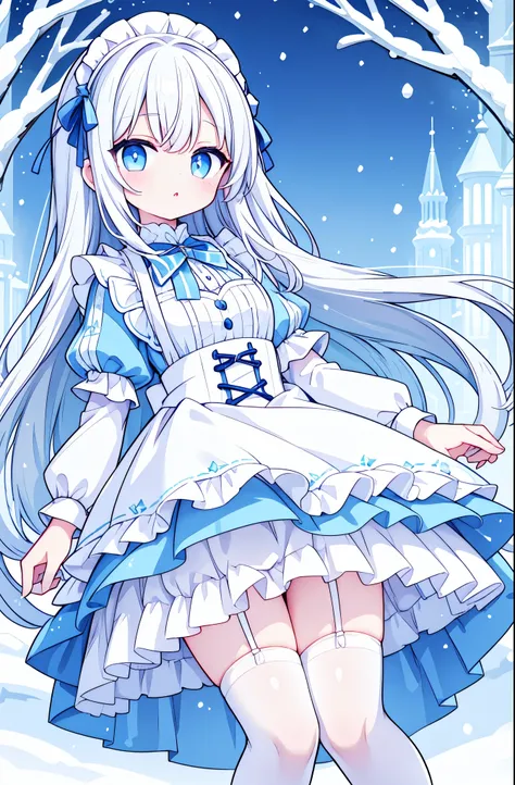 Long white hair，blue eyes，Light blue dress，Snow Scene，White knee socks，maid outfit，Lift up your skirt，