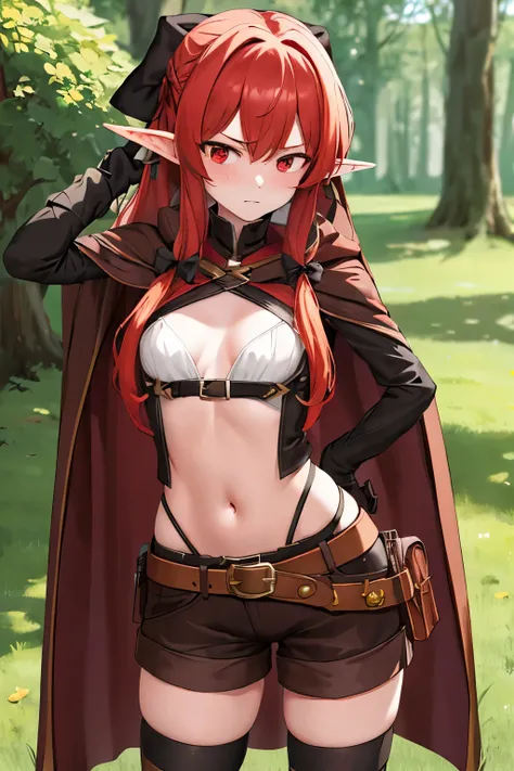 masterpiece, Best Quality, height resolution, 1girl in, elf, pointy ear, red hair, Long hair, side locks, Hair Bow, Small breasts, cloaks, Red eye color, Black Gloves, Brown shorts, thighhighs, Short shorts, Black Clothes, Belt bag, embarrassed expression ...