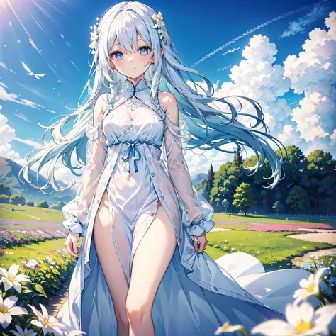 Alone, Pretty woman with long white hair and blue eyes、short、landscape、walking、Flower Field、Light blue dress、A long white lace cardigan draped over the shoulders、18-year-old、Adorable smile、Angel wings on the back、Less exposed skin、pastel colour、cute